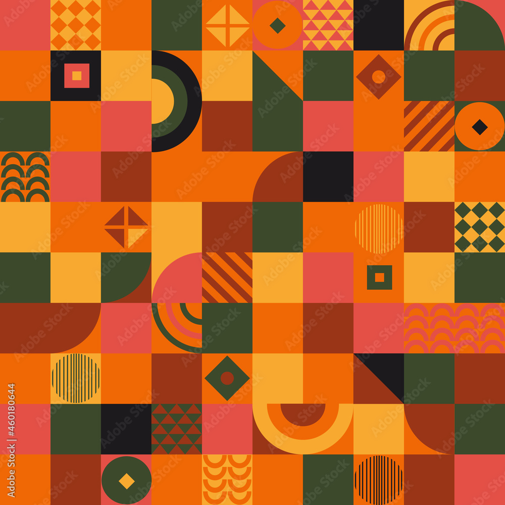 Ethnic geometric shape seamless pattern, bauhaus design background with square triangular and round shapes. Template for modern banners,flyers,invitations, congratulations,posters.Vector illustration. Ethnic geometric shape seamless pattern, bauhaus design background with square triangular and round shapes. Template for modern banners,flyers,invitations, congratulations,posters.Vector illustration.