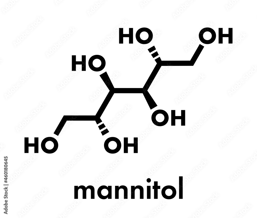 Mannitol (mannite, manna sugar) molecule. Used as sweetener, drug, etc. Skeletal formula. Mannitol (mannite, manna sugar) molecule. Used as sweetener, drug, etc. Skeletal formula.