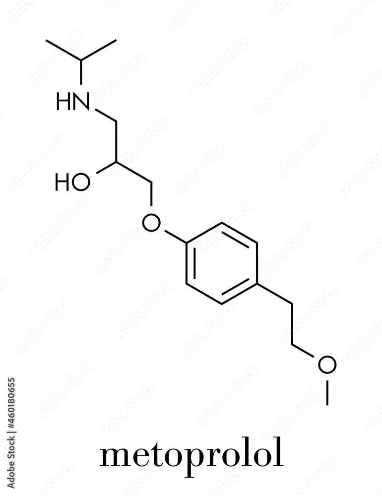 Metoprolol high blood pressure drug molecule (beta blocker). Skeletal formula. Metoprolol high blood pressure drug molecule (beta blocker). Skeletal formula.