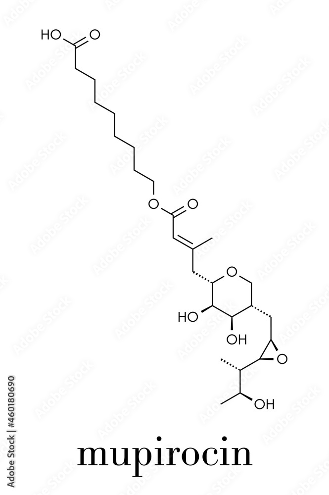 Obraz premium Mupirocin (pseudomonic acid) antibiotic drug molecule. Used topically against gram-positive bacteria. Skeletal formula.