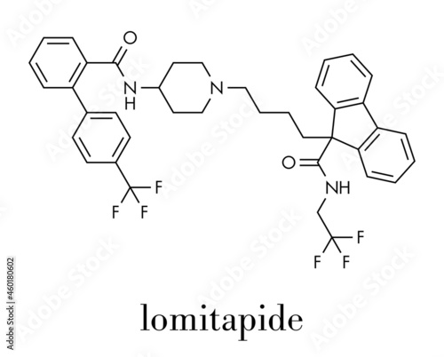 Lomitapide cholesterol lowering drug molecule. Used in treatment of homozygous familial hypercholesterolemia. Skeletal formula.