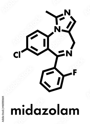 Midazolam benzodiazepine drug molecule. Has sedative, anxiolytic, amnestic, hypnotic, anticonvulsant, etc properties. Skeletal formula.