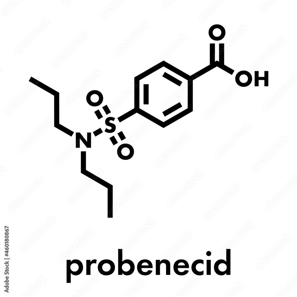 Probenecid gout drug molecule. Also used as masking agent in sports doping. Skeletal formula.