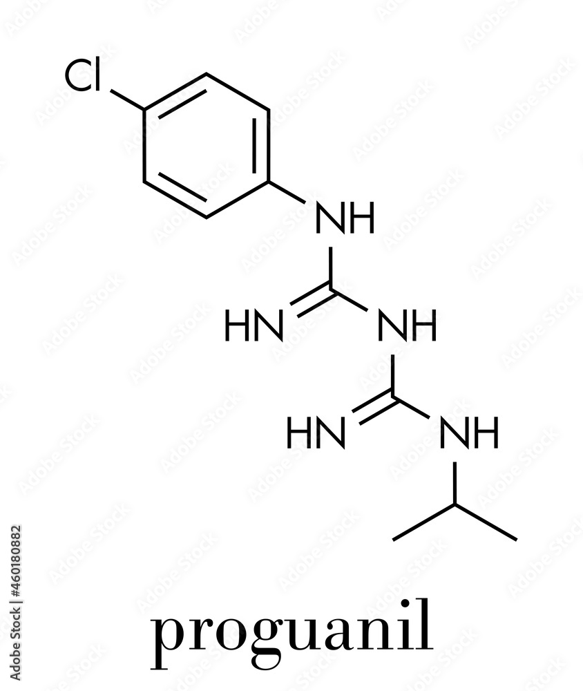 Proguanil prophylactic malaria drug molecule. Skeletal formula.