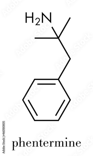 Phentermine appetite suppressant drug molecule. Used in treatment of obesity. Skeletal formula. photo