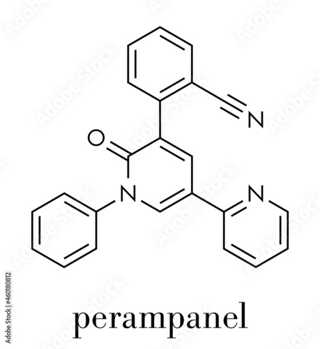 Perampanel epilepsy drug molecule. Used in treatment of seizures. Skeletal formula.