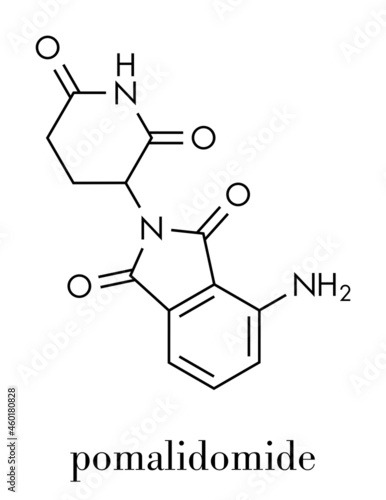 Pomalidomide multiple myeloma drug molecule. Related to thalidomide. Skeletal formula. photo