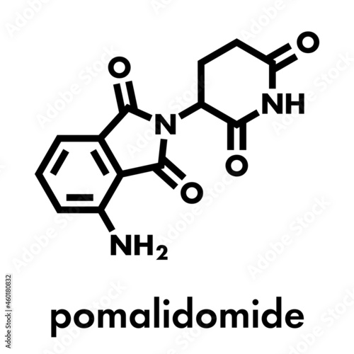 Pomalidomide multiple myeloma drug molecule. Related to thalidomide. Skeletal formula.