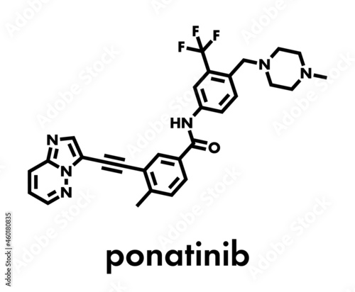 Ponatinib cancer drug molecule. Tyrosine kinase inhibitor used in treatment of chronic myeloid leukemia (CML) and acute lymphoblastic leukemia (ALL). Skeletal formula.
