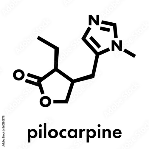 Pilocarpine alkaloid drug molecule. Used in treatment of glaucoma and dry mouth (xerostomia). Skeletal formula.