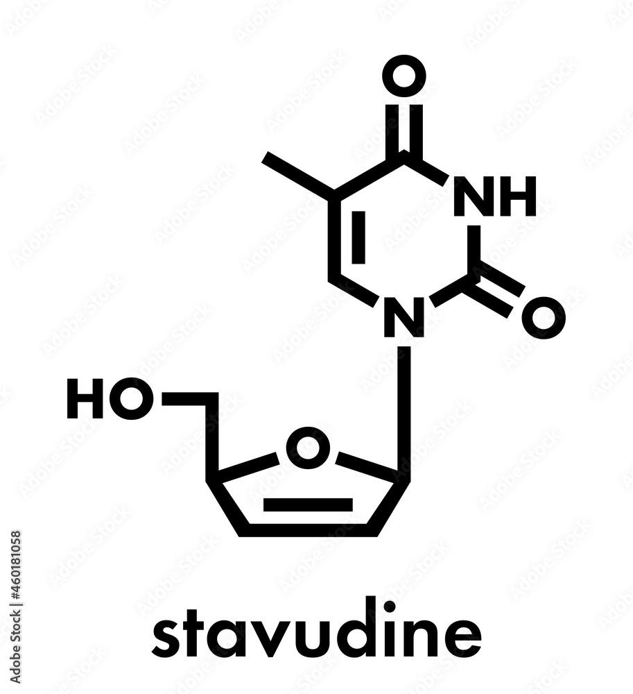 Stavudine (d4T) HIV drug molecule. Thymidine analog that blocks reverse-transcriptase. Skeletal formula. Stavudine (d4T) HIV drug molecule. Thymidine analog that blocks reverse-transcriptase. Skeletal formula.