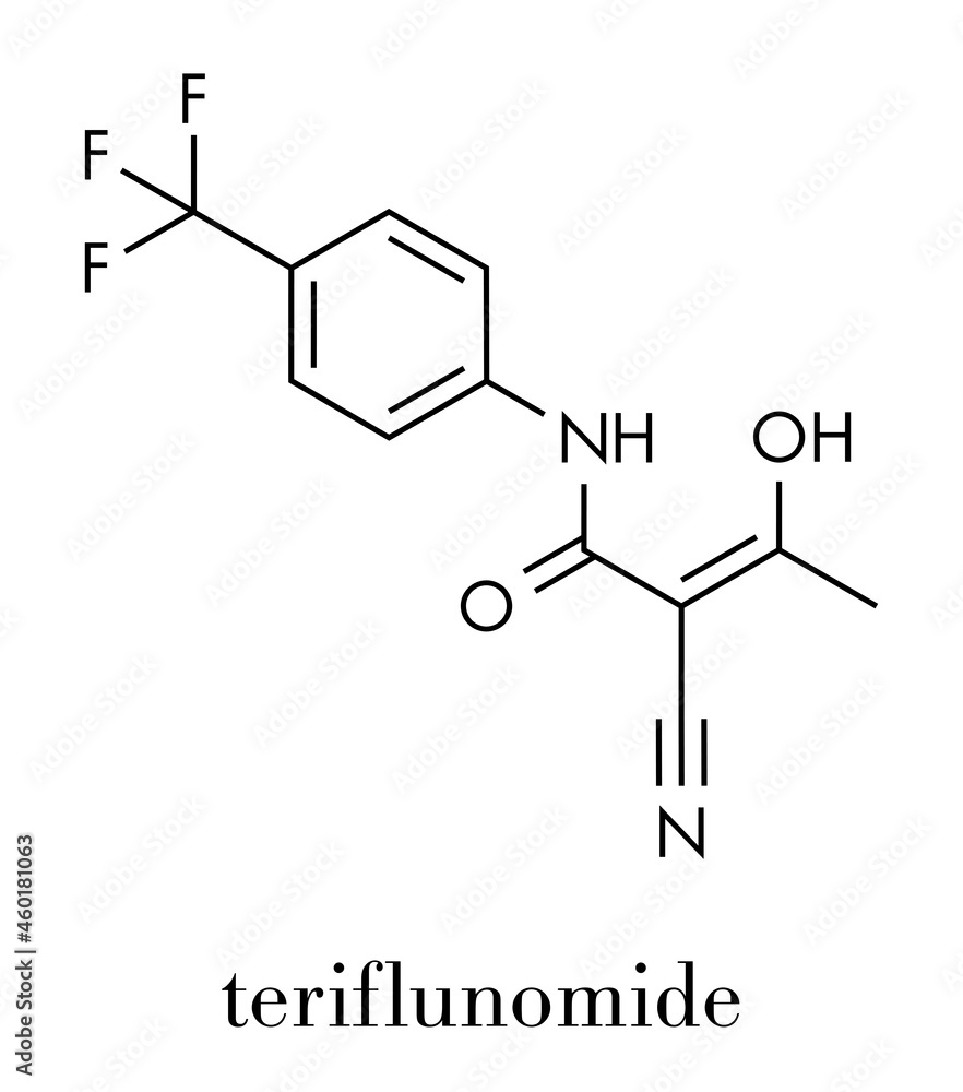 Teriflunomide multiple sclerosis (MS) drug molecule. Skeletal formula. Teriflunomide multiple sclerosis (MS) drug molecule. Skeletal formula.