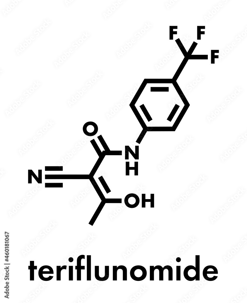 Teriflunomide multiple sclerosis (MS) drug molecule. Skeletal formula. Teriflunomide multiple sclerosis (MS) drug molecule. Skeletal formula.
