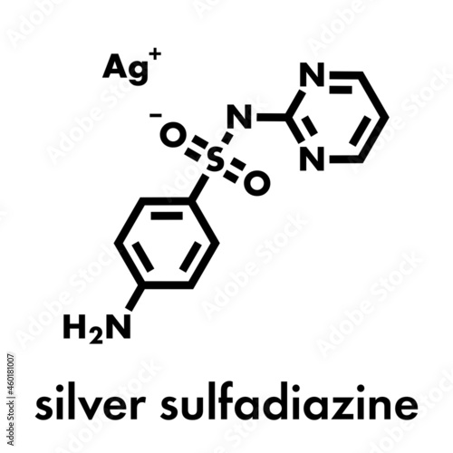 Silver sulfadiazine topical antibacterial drug molecule. Used in treatment of wounds and burns. Skeletal formula.