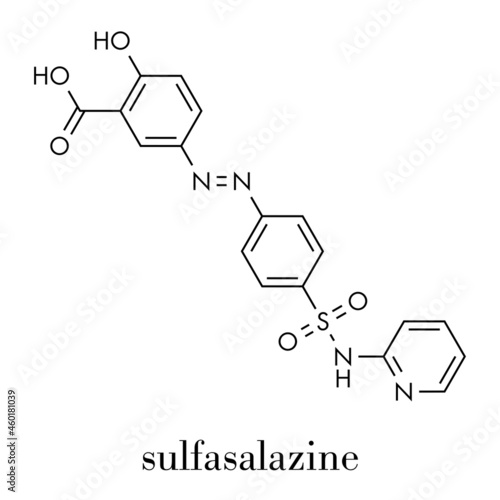 Sulfasalazine drug molecule. Used in treatment of rheumatoid arthritis and inflammatory bowel disease (Crohn's disease and ulcerative colitis). Skeletal formula.