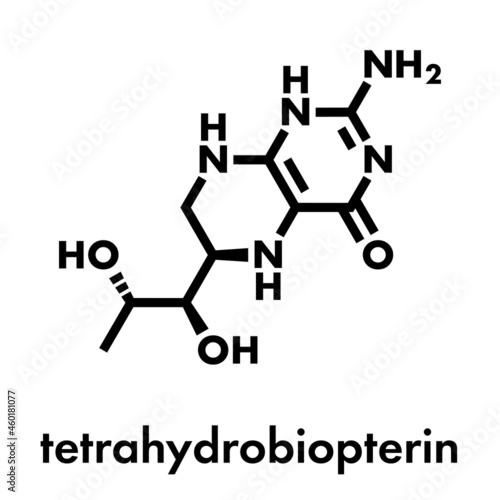 Tetrahydrobiopterin (sapropterin) phenylketonuria drug molecule. Cofactor to a number of aromatic amino acid hydroxylase enzymes. Skeletal formula.