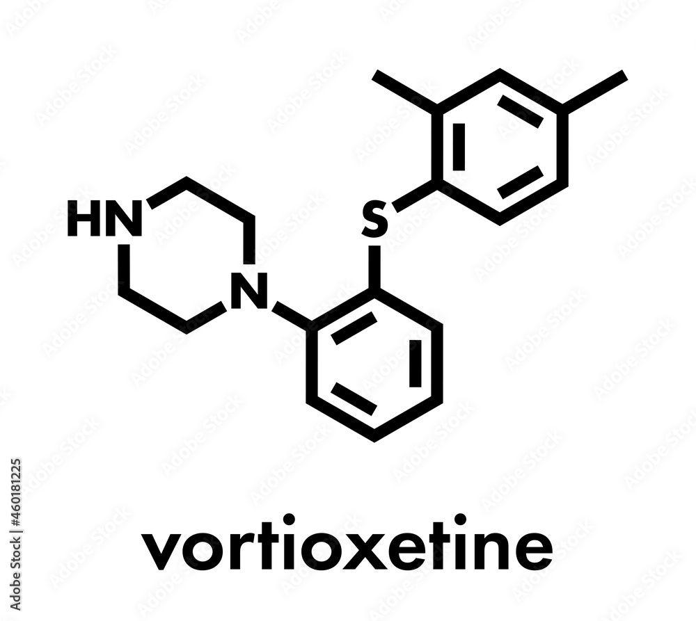 Vortioxetine antidepressant drug molecule. Skeletal formula. Vortioxetine antidepressant drug molecule. Skeletal formula.