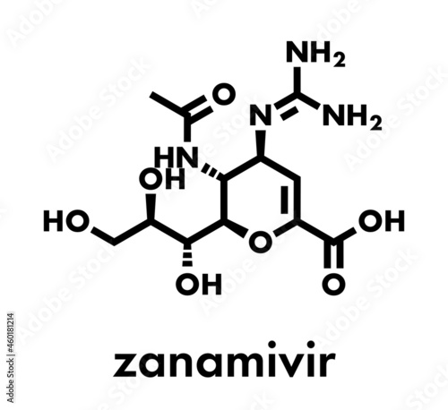 Zanamivir influenza virus treatment drug molecule. Skeletal formula.