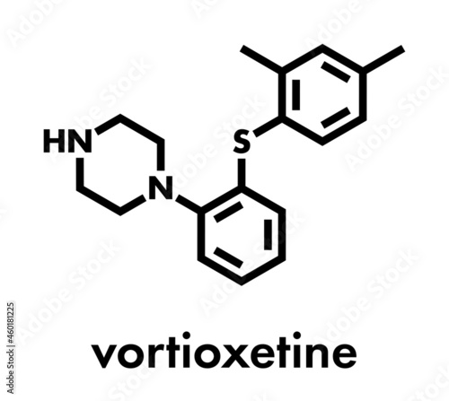 Vortioxetine antidepressant drug molecule. Skeletal formula.