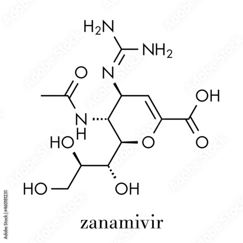Zanamivir influenza virus treatment drug molecule. Skeletal formula.