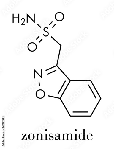 Zonisamide epilepsy drug molecule. Skeletal formula.