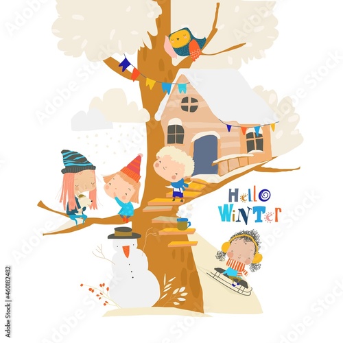 Happy Cartoon Children meeting Winter on Treehouse