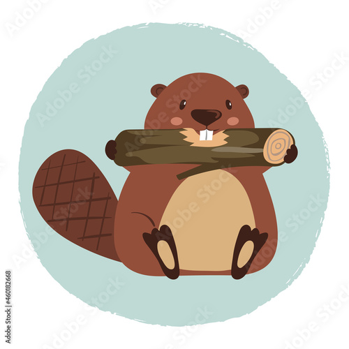 Cute cartoon beaver with log. Vector illustration for kids