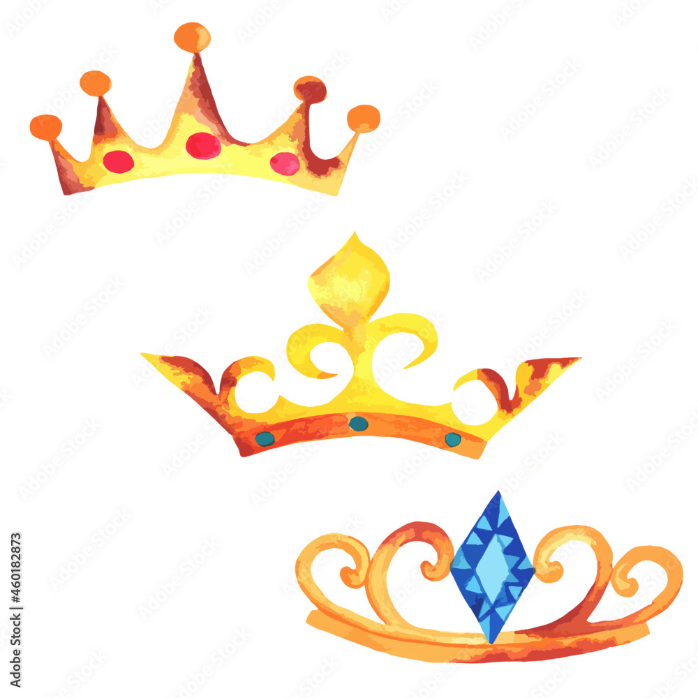 Obraz premium set of gold crown with rust. Watercolor of the crown of monarchy with blue ornaments and curlicues