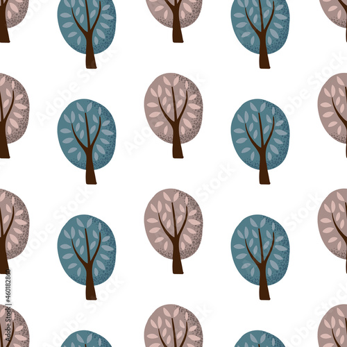 Stylized illustration - blue and lilac trees in a park or forest. Seamless vector background  elements on a dark blue background.Simple style  minimalism. For children  children s clothing  for fabric