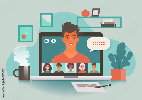 Online communication and telecommuting concept vector illustration, Virtual meeting video conference call using laptop computer chatting with colleagues.