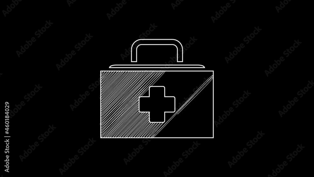 White line First aid kit icon isolated on black background. Medical box with cross. Medical equipment for emergency. Healthcare concept. 4K Video motion graphic animation White line First aid kit icon isolated on black background. Medical box with cross. Medical equipment for emergency. Healthcare concept. 4K Video motion graphic animation