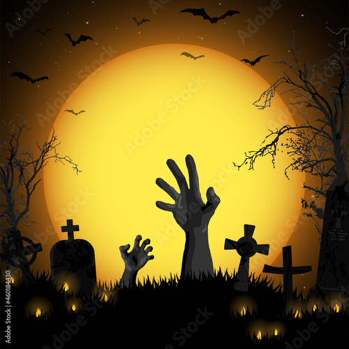 Halloween zombie hands in front of full moon