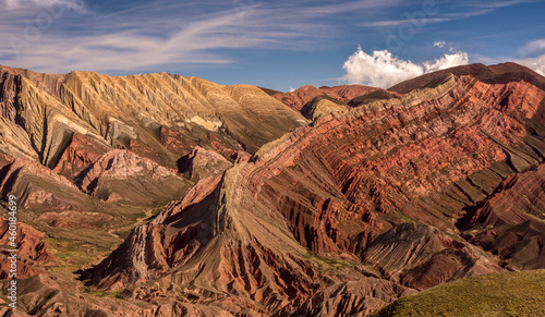 Panoramic view of the 14 colours mountains (cerro de los 14 colores), also called Hornocal in Quebrada de Humahuaca, Jujuy Province, Argentina