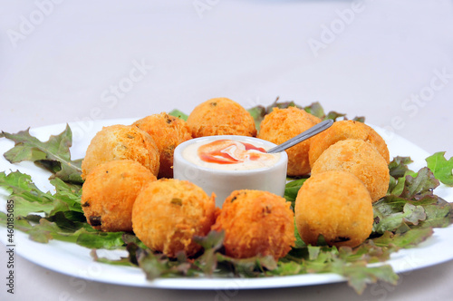 delicious fried bacalhau potato and cassava dumpling, baked and stuffed with chicken, cheese, olives and cream, kieve photo