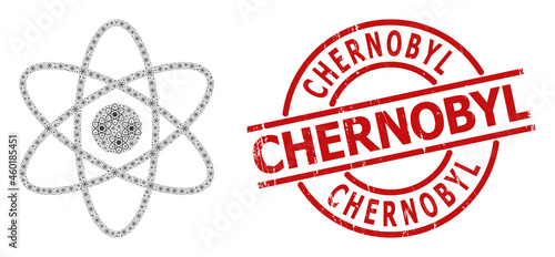 Red round stamp seal includes Chernobyl caption inside circle. Vector atom fractal is composed of repeating fractal atom icons. Textured Chernobyl imprint, and atom icon fractal mosaic. Grunge style.
