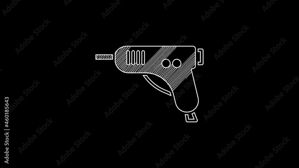 White line Electric hot glue gun icon isolated on black background. Hot pistol glue. Hot repair work appliance silicone. 4K Video motion graphic animation White line Electric hot glue gun icon isolated on black background. Hot pistol glue. Hot repair work appliance silicone. 4K Video motion graphic animation