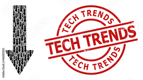 Red round seal has Tech Trends caption inside circle. Vector down arrow composition is created from randomized itself down arrow elements. Scratched Tech Trends badge,