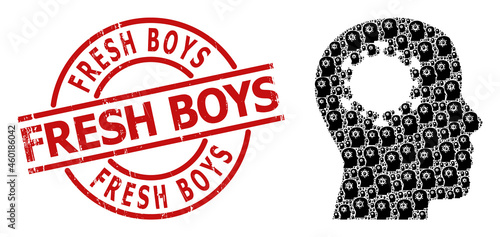 Red round stamp has Fresh Boys text inside circle. Vector brain infection composition is composed from repeating recursive brain infection icons. Grunge Fresh Boys stamp,