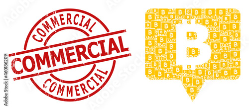 Red round badge includes Commercial tag inside circle. Vector bitcoin banner collage is created of randomized recursive bitcoin banner pictograms. Scratched Commercial stamp seal,