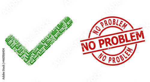 Red round stamp seal contains No Problem text inside circle. Vector accept tick mosaic is composed of random itself accept tick pictograms. Grunge No Problem stamp seal,
