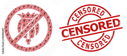 Red round stamp seal has Censored caption inside circle. Vector forbid opium poppy collage is designed of randomized fractal forbid opium poppy pictograms. Scratched Censored seal,