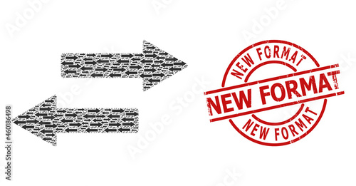 Red round badge contains New Format tag inside circle. Vector horizontal exchange arrows mosaic is made from random recursive horizontal exchange arrows pictograms. Textured New Format stamp,