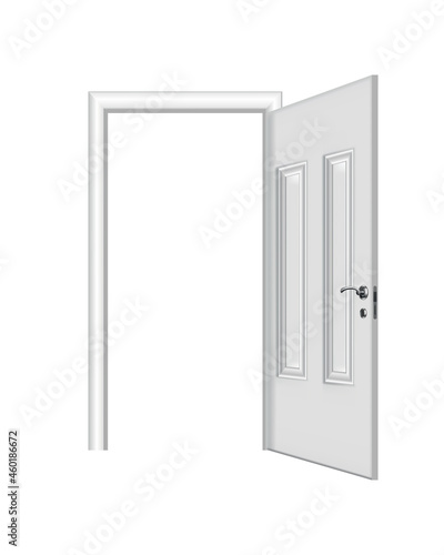 Fototapeta Naklejka Na Ścianę i Meble -  Opened white entrance. Realistic door with frame isolated on white background. Clean design white door template. Decorative house element