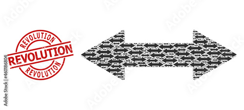 Red round stamp seal has Revolution title inside circle. Vector horizontal exchange arrow fractal is designed of repeating itself horizontal exchange arrow elements. Scratched Revolution stamp seal,