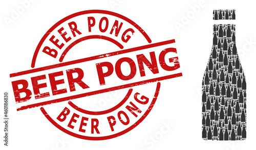 Red round stamp seal has Beer Pong caption inside circle. Vector beer bottle collage is created of scattered fractal beer bottle items. Rubber Beer Pong stamp seal,