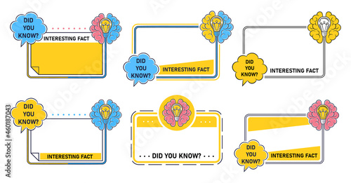 Did you know quote frame with bulb and thinking brain icon set. Interesting information, fun fact, quick tips. Helpful advice or idea box template. Important learning info, wisdom, knowledge. Vector