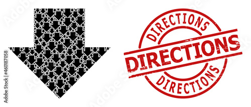 Red round stamp seal contains Directions text inside circle. Vector download arrow fractal is designed with scattered recursive download arrow items. Scratched Directions stamp seal,