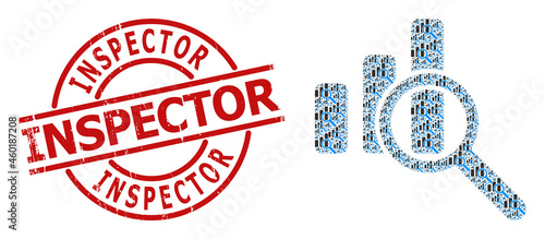 Red round seal includes Inspector caption inside circle. Vector expore bar chart fractal is composed from random fractal expore bar chart items. Rubber Inspector stamp seal,