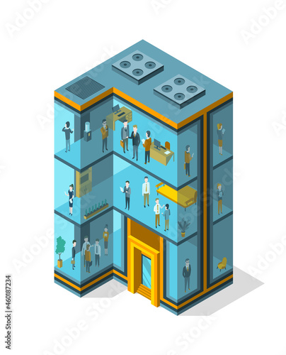 Business building isometric with offices, interior furniture and people. Modern 3d urban office. Glass architecture building facade
