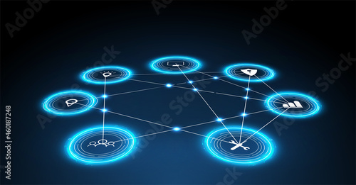 Internet of things (IoT) and networking concept for connected devices. Spider web of network connections with on a futuristic blue background. Digital design concept. IoT hologram